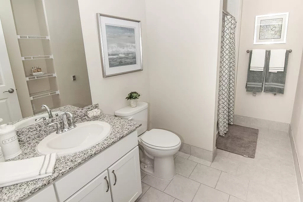 A modern bathroom with a granite countertop, toilet, and shower area.