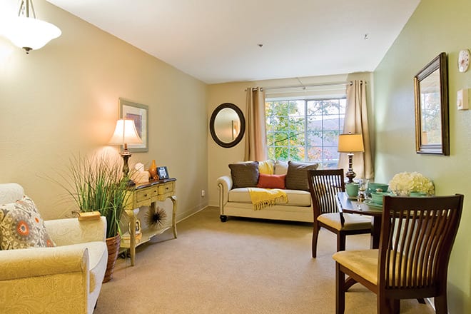 Cozy living room with a sofa, lamp, and window view.