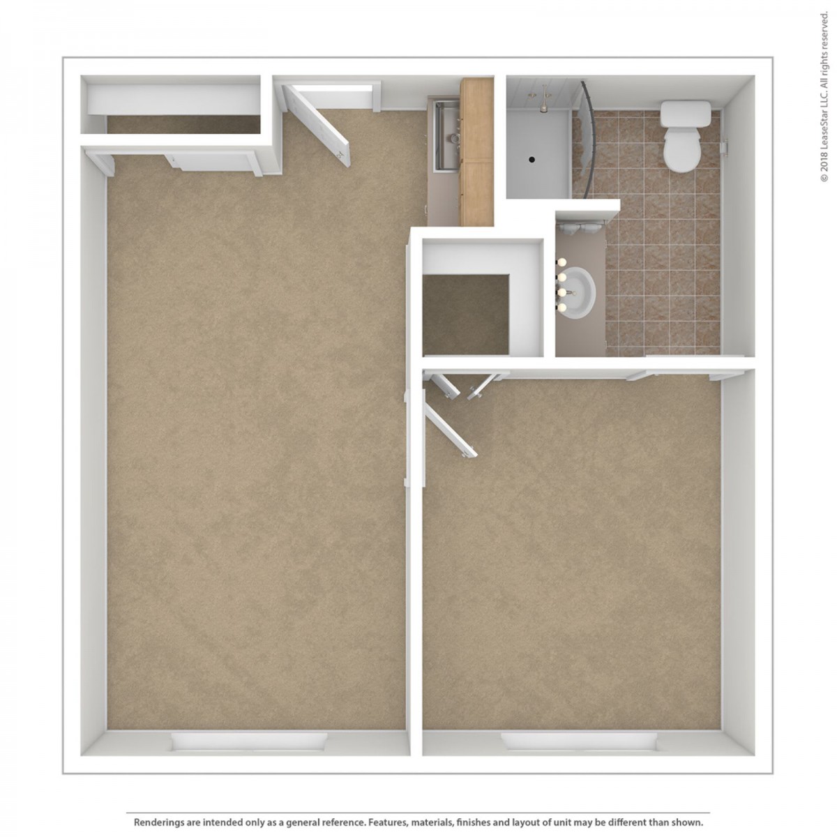 A simple one-bedroom apartment floor plan with a bathroom and closet.