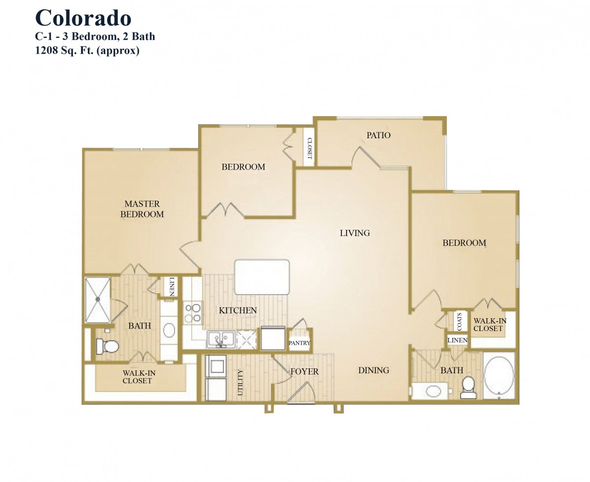 Floor plan of a two-bedroom, two-bathroom apartment layout.