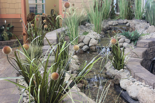 A serene garden scene featuring a tranquil pond surrounded by lush greenery and stones.