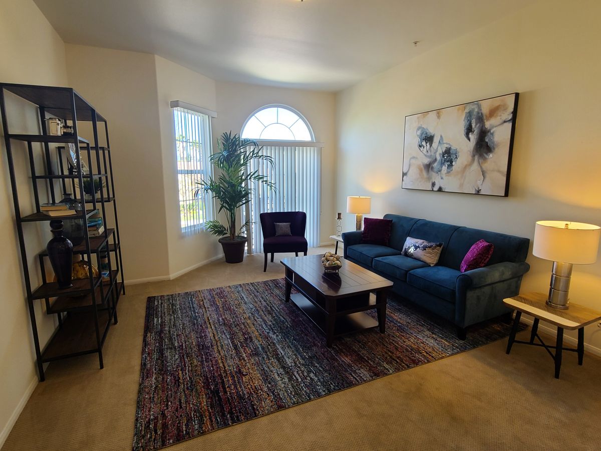 A cozy living room with a blue sofa, coffee table, and decorative elements such as artwork and a large plant near the window.