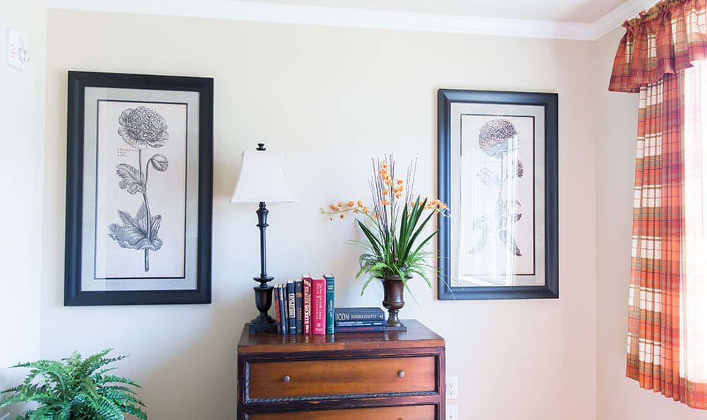 A cozy interior with a chest of drawers, adorned with books, a lamp, and a potted plant; two framed botanical prints hang on the wall.