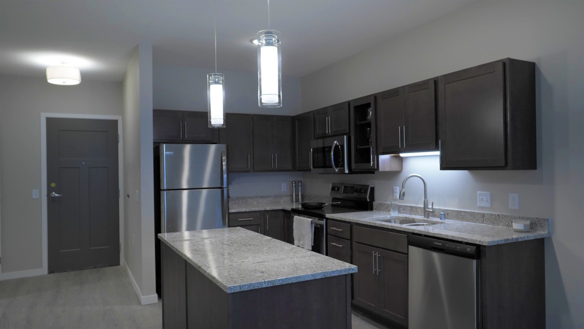 A modern kitchen with dark cabinets and stainless steel appliances features an island counter and elegant pendant lighting.