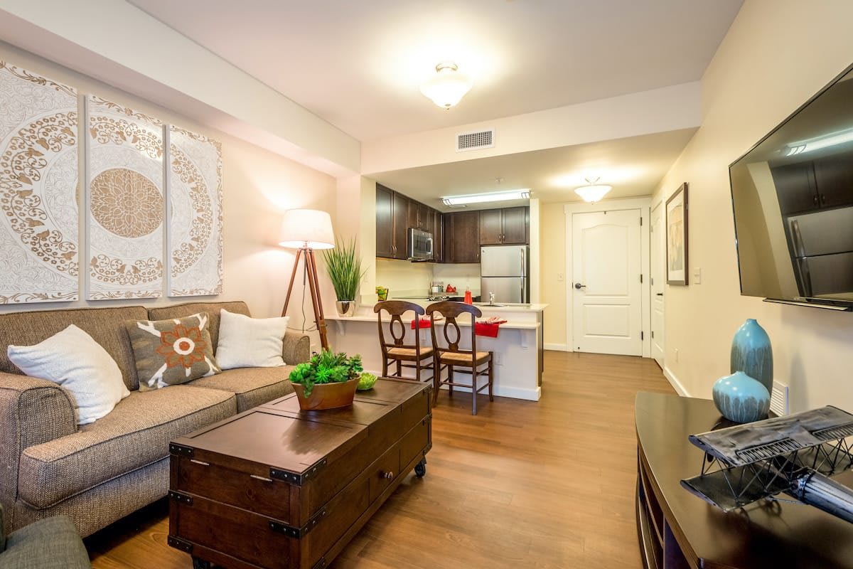 A modern open-plan living area with comfortable seating, stylish decor, and a compact kitchen.
