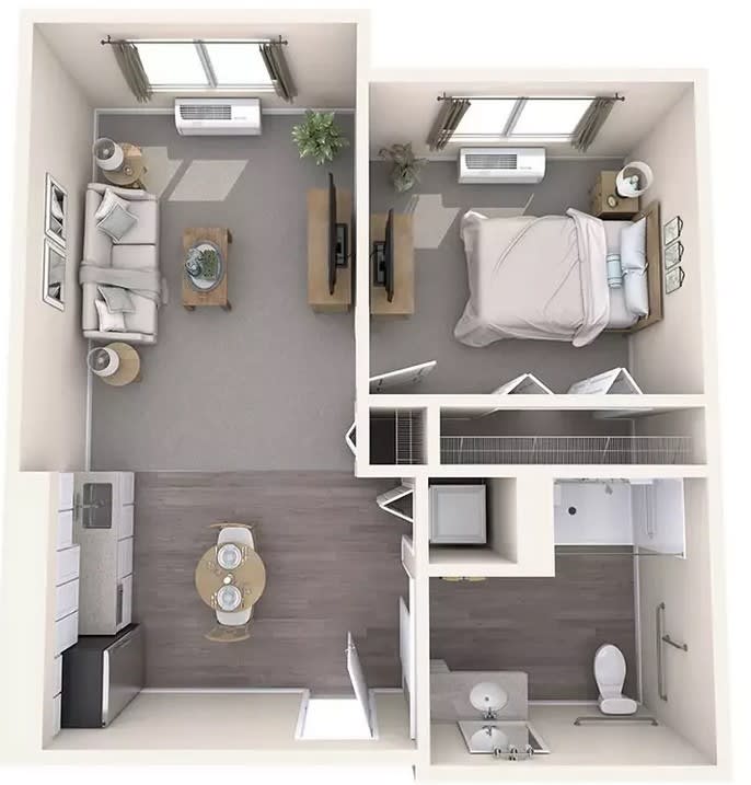 A 3D floor plan of a one-bedroom apartment featuring a living area, kitchen, bedroom, and bathroom.