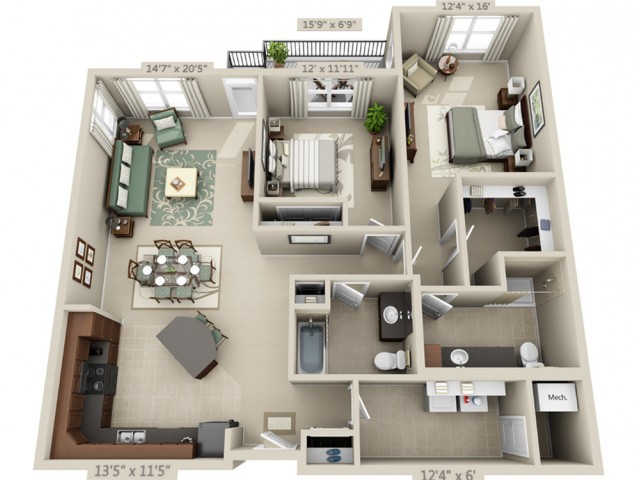 A detailed floor plan of a two-bedroom apartment, showcasing the arrangement of rooms and furniture.
