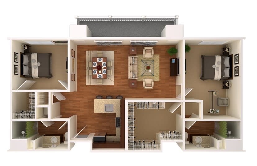 A 3D floor plan of a two-bedroom apartment featuring a kitchen, living room, and dining area.