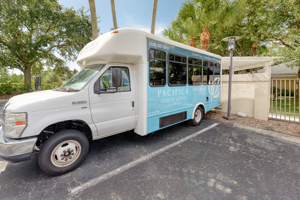 A small passenger bus parked in a parking lot surrounded by trees.