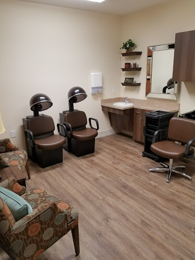 A cozy hair salon setup featuring styling chairs and drying stations.