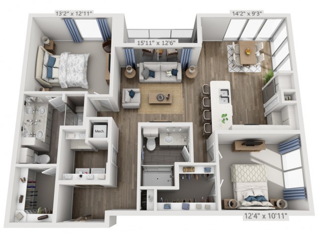3D floor plan of a two-bedroom apartment with labeled dimensions.