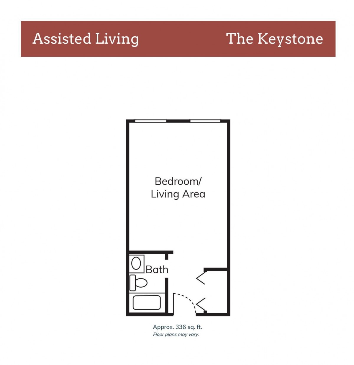 Floor plan of an assisted living room labeled 'The Keystone', featuring a bedroom/living area and a bathroom.