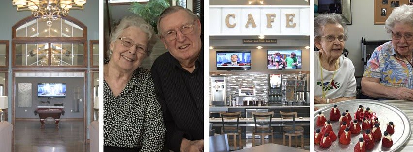 An elderly couple smiling beside a cafe interior with televisions.