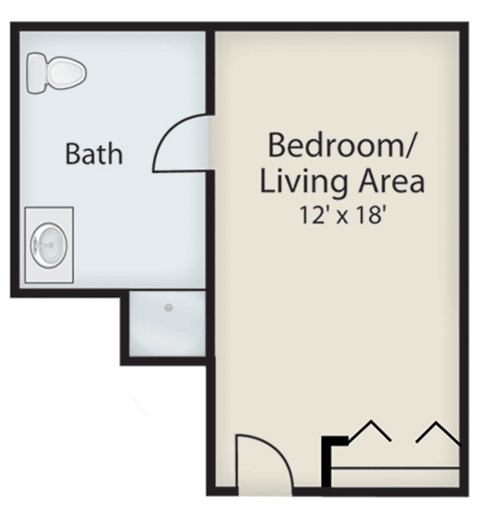 Studio apartment floor plan with a combined bedroom/living area and a separate bathroom.