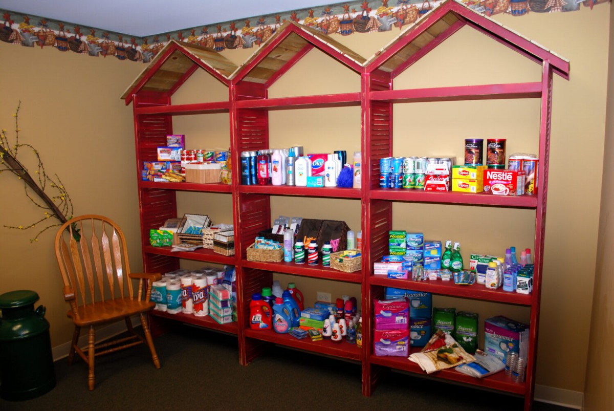 A neatly organized pantry with shelves stocked with toiletries and household items.