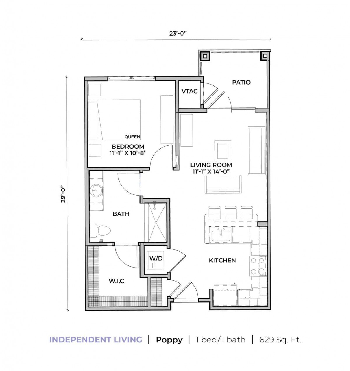 A floor plan of a small home featuring one bedroom, one bathroom, a kitchen, and a living room.