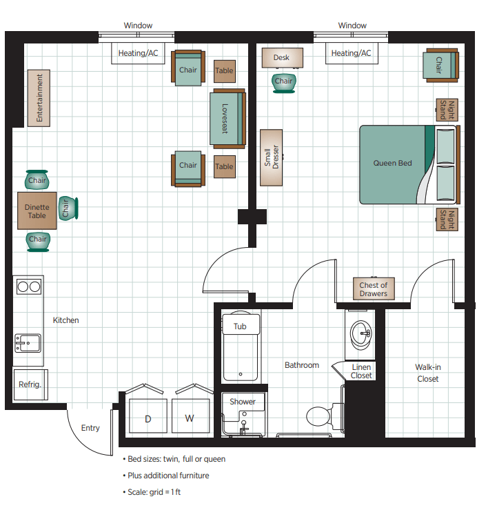 A one-bedroom apartment floor plan showing the layout of living room, kitchen, bathroom, and bedroom.