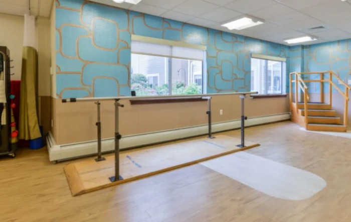 A spacious dance studio with a ballet barre and wooden floors, featuring large windows for natural light.