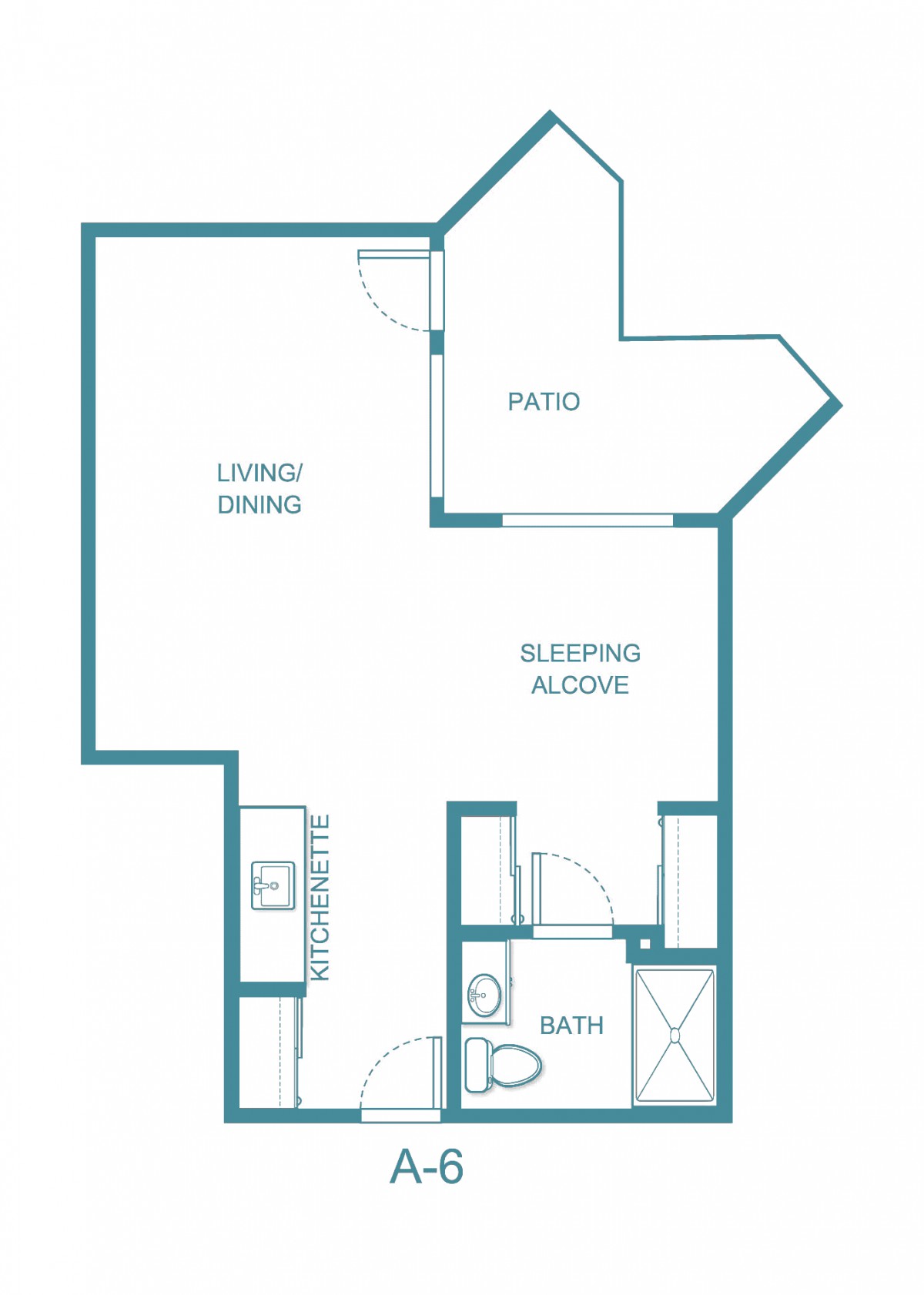 A floor plan of a studio apartment featuring a living area, kitchen, bathroom, sleeping alcove, and a patio.