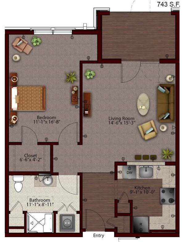 A detailed floor plan of a one-bedroom apartment featuring a living room, kitchen, dining area, and bathroom.
