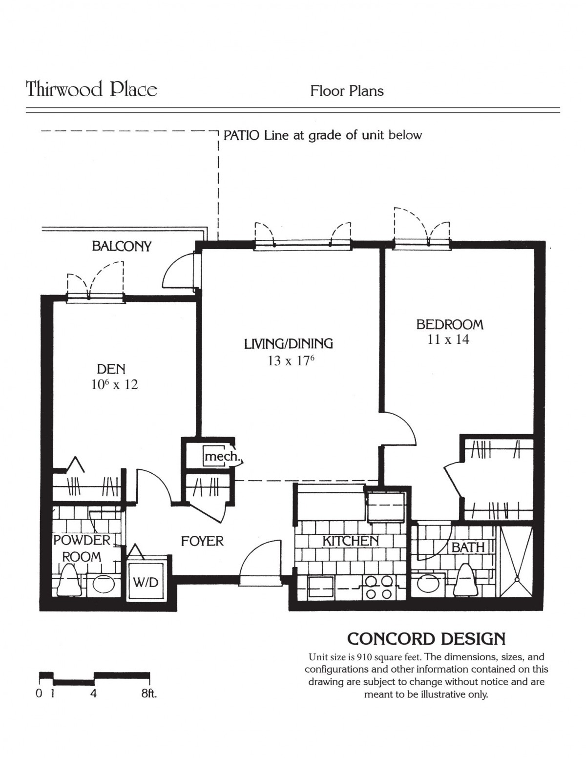 Floor plan of a one-bedroom apartment with living area, kitchen, and balcony.