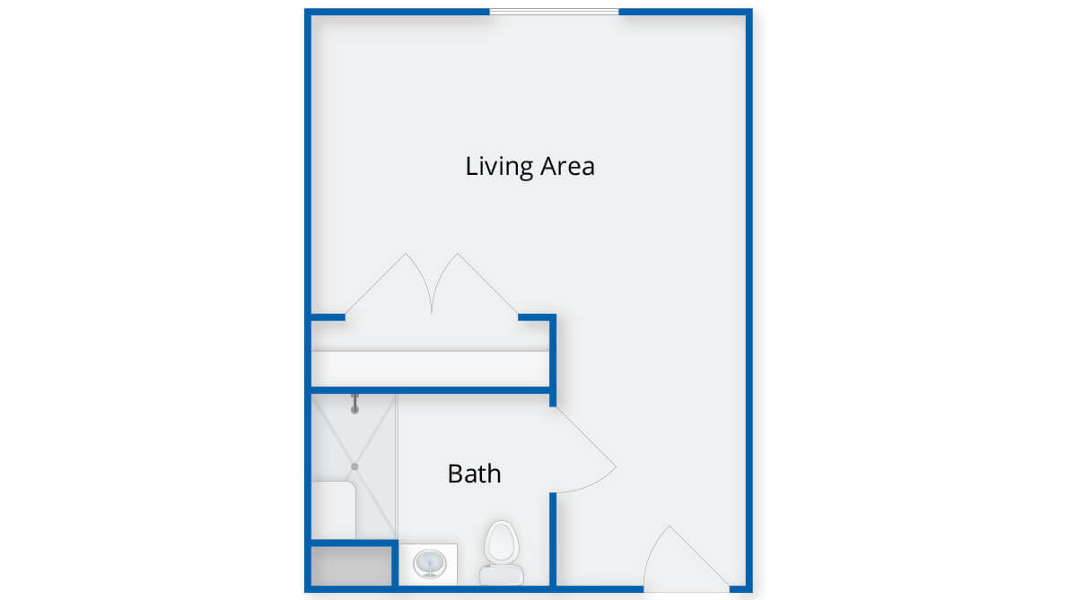 Floor plan of a studio apartment with a living area and bathroom.