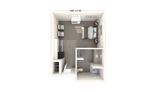 3D floor plan of a compact studio apartment featuring a bedroom, kitchen, and bathroom.