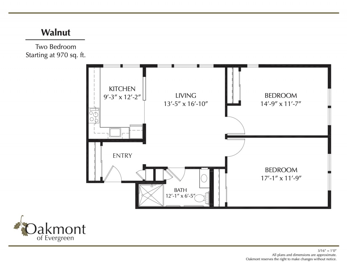 Floor plan of a two-bedroom apartment with kitchen, living room, and bathroom.