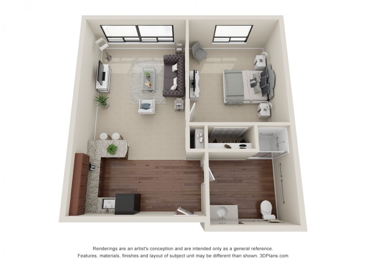 A 3D floor plan of a modern apartment showing one bedroom, a living room, a kitchen, and a bathroom.