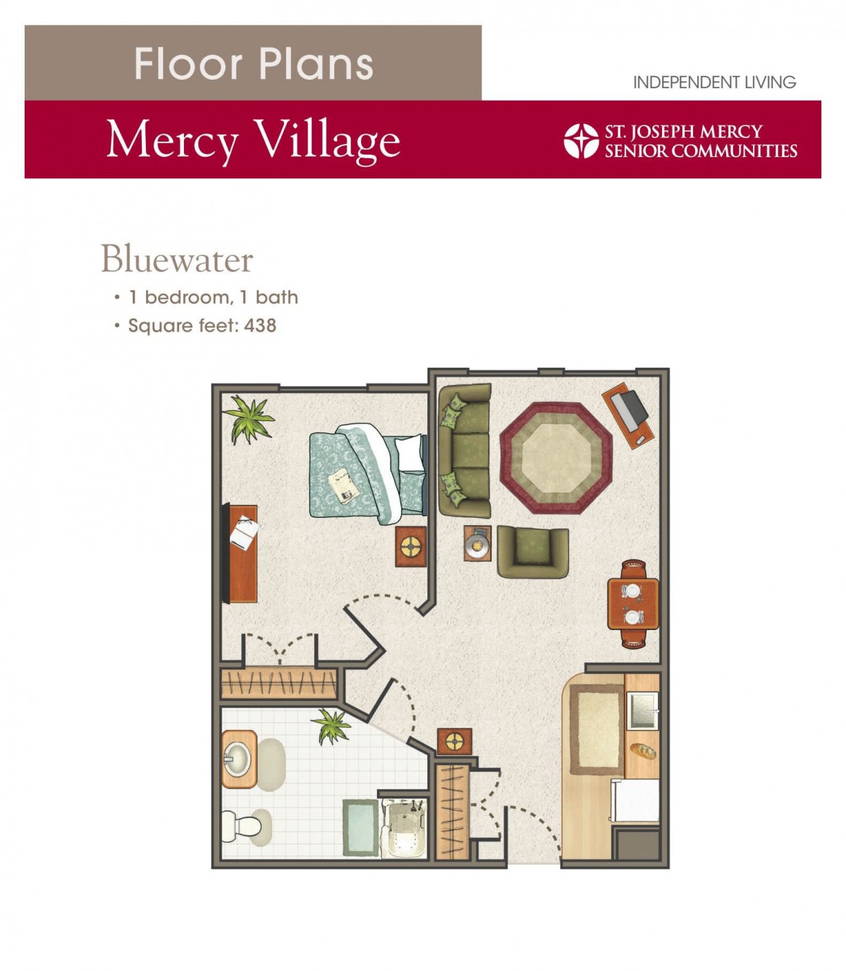 Floor plan of Mercy Village apartment featuring 1 bedroom and 1 bathroom.