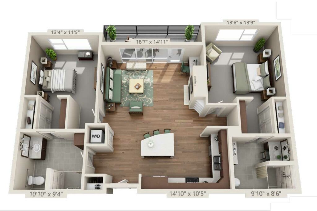 A 3D-rendered floor plan of a two-bedroom apartment featuring an open living and kitchen area.