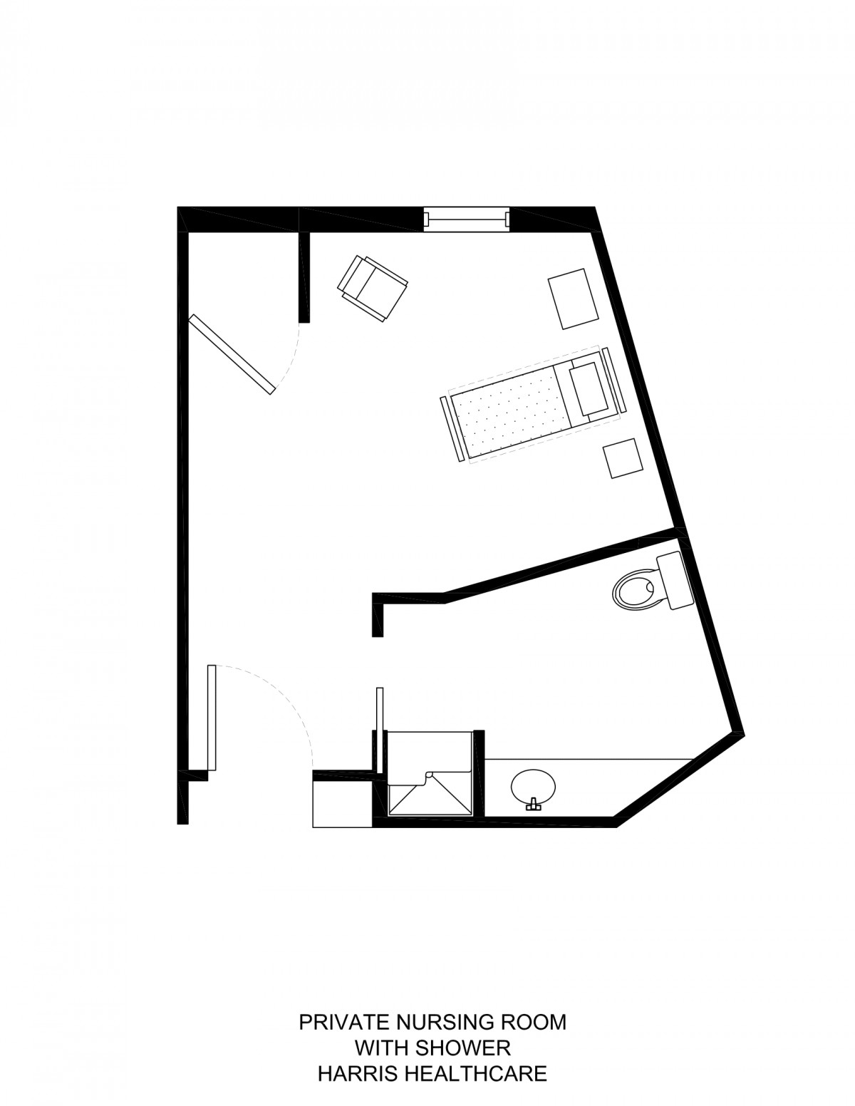 A simple floor plan of a small apartment featuring a single room with a bed, chair, and bathroom area.