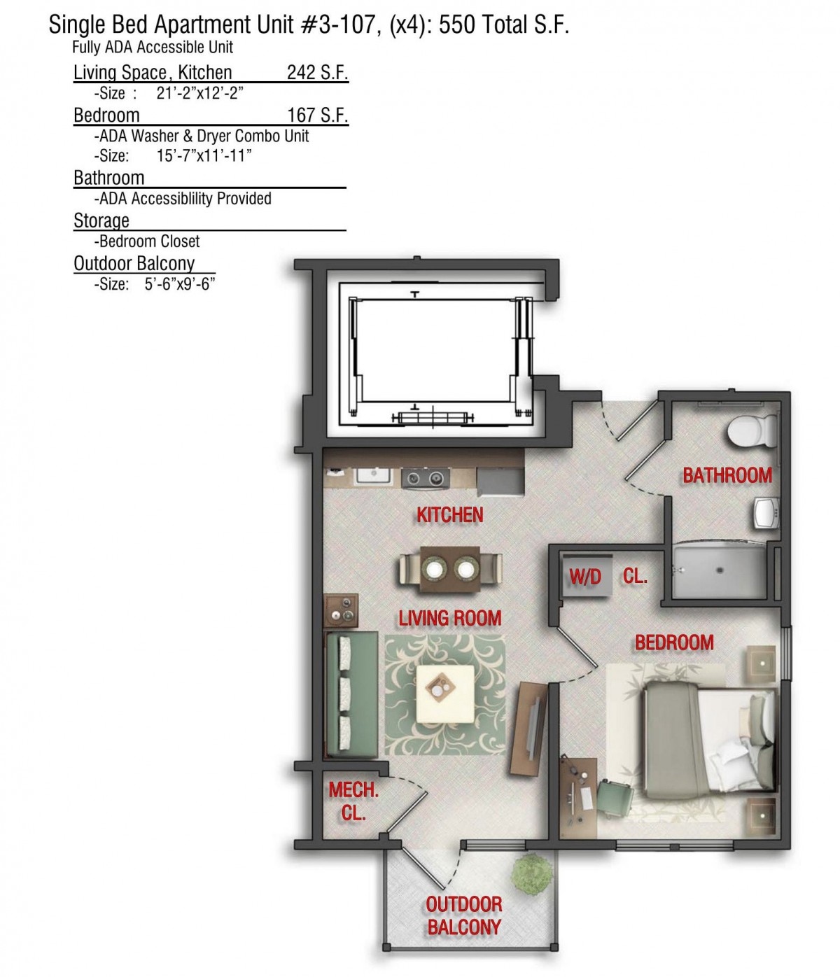 This is a floor plan of a one-bedroom apartment, featuring labeled areas such as the living room, kitchen, bathroom, and bedroom.