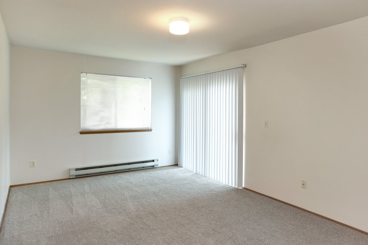 An empty room with carpet flooring, a window with blinds, and a ceiling light fixture.