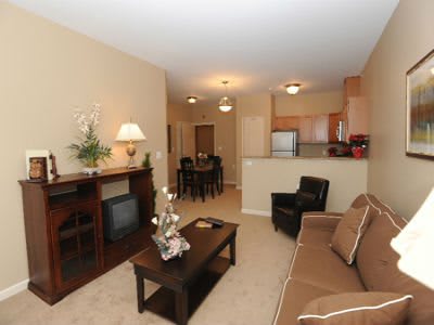 A cozy apartment living room with a sofa, coffee table, and a view into the kitchen and dining area.
