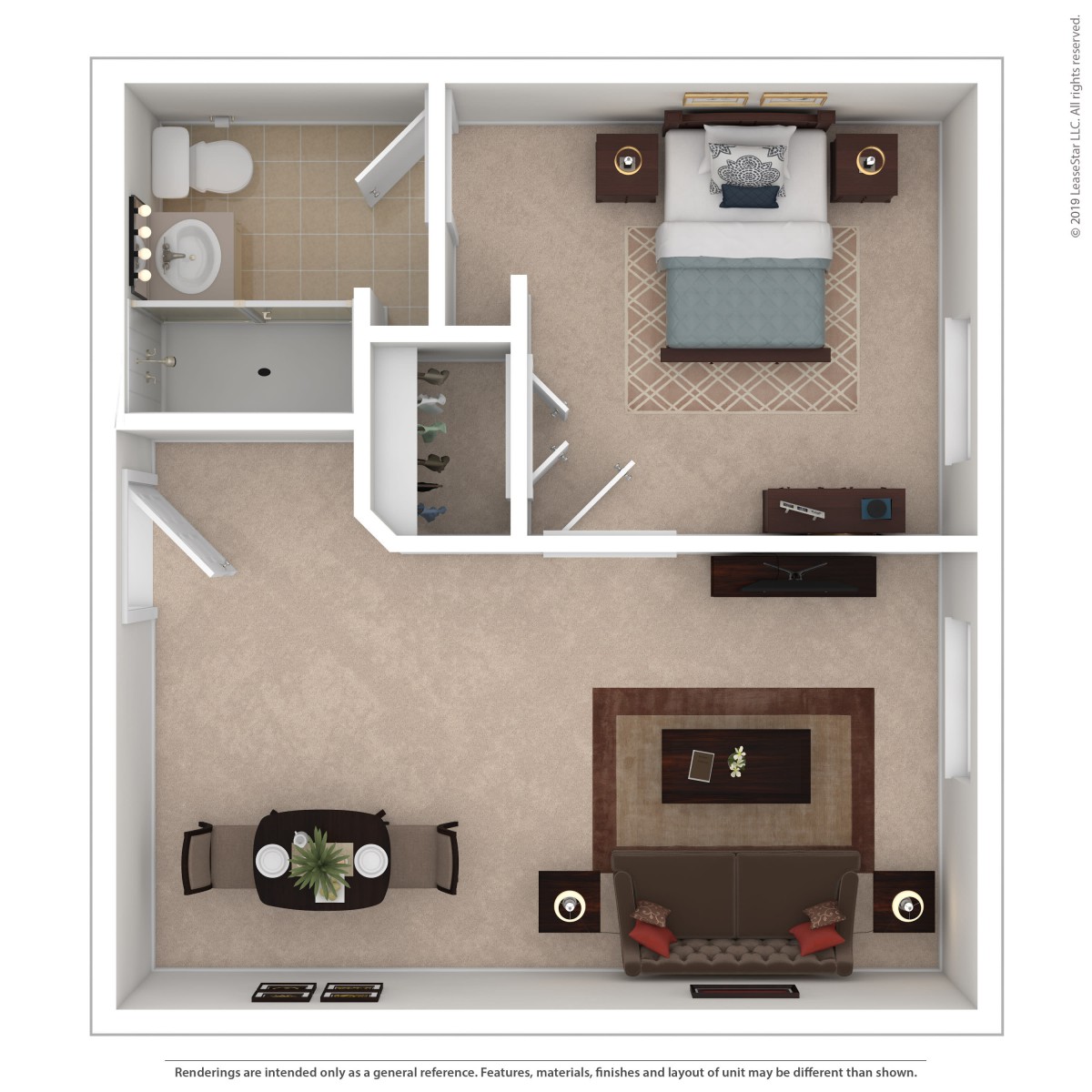 A 3D floor plan of a one-bedroom apartment with a living room, dining area, and bathroom.