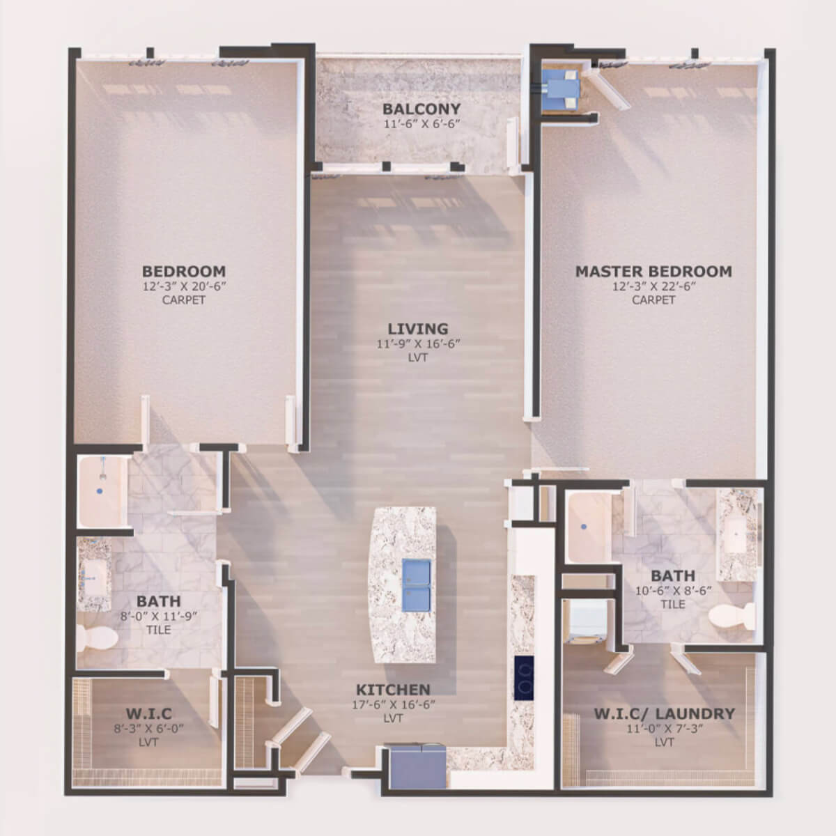 A detailed floor plan of a two-bedroom apartment with labeled rooms, including a kitchen, living room, and bathrooms.