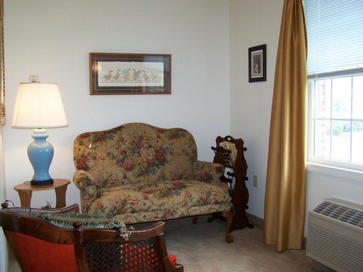A cozy living room corner featuring an antique sofa, a lamp, and decorative elements.