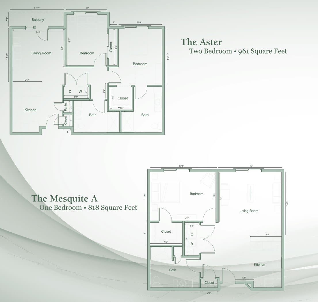 Floor plans for two-bedroom apartment layouts.