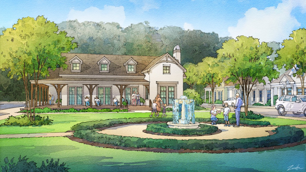 A picturesque illustration of a house with a garden, fountain, and people enjoying the scenery.