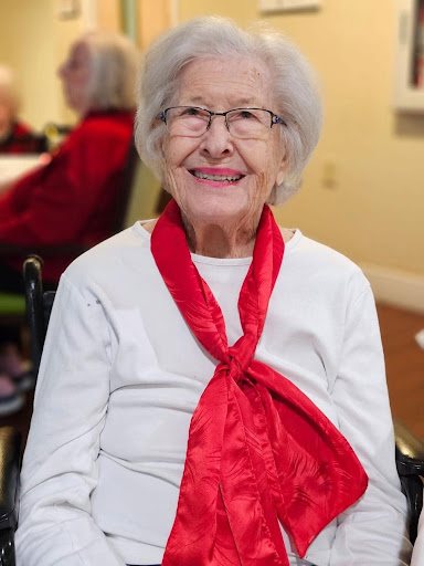 A cheerful elderly woman wearing a red scarf, sitting in a wheelchair with a warm smile.