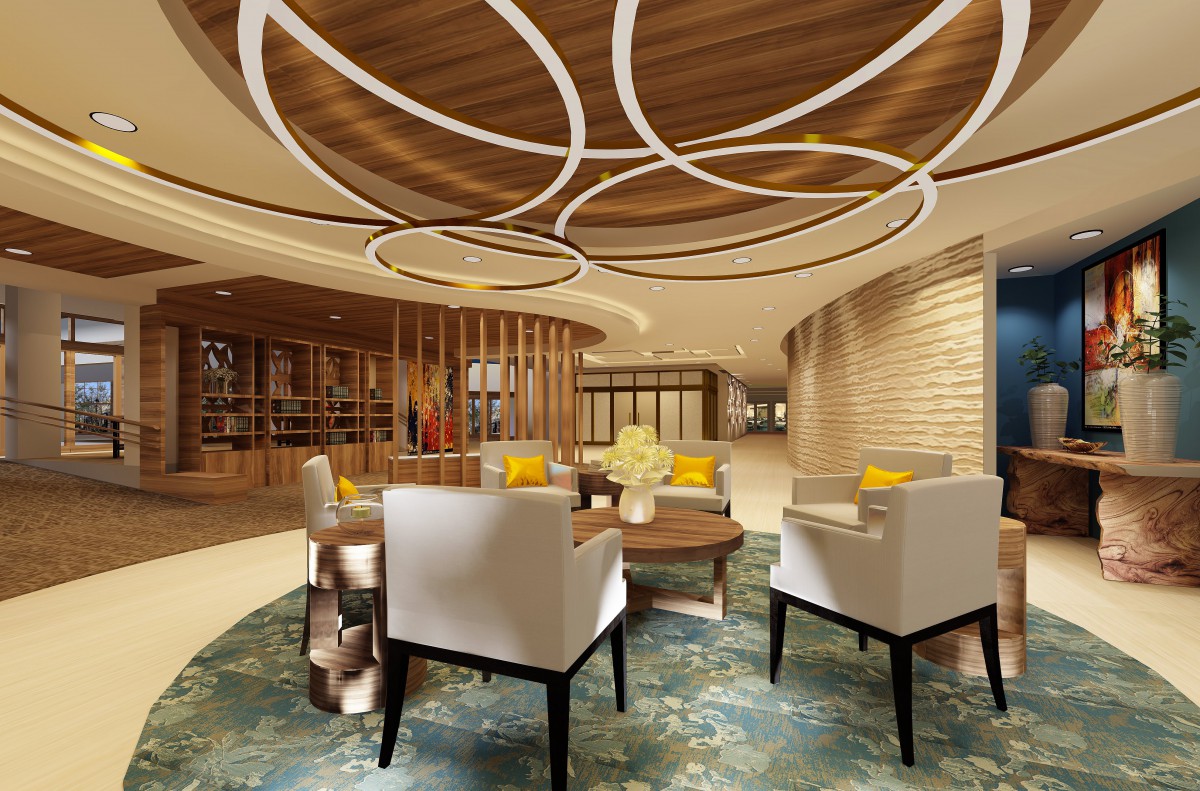 A modern lounge area with stylish seating and unique ceiling design.