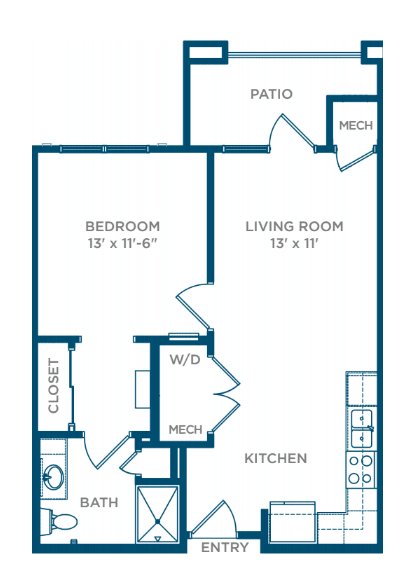 One-bedroom apartment floor plan with a living room, kitchen, patio, and closet.