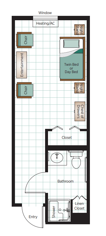 Single room layout with furniture and bathroom.