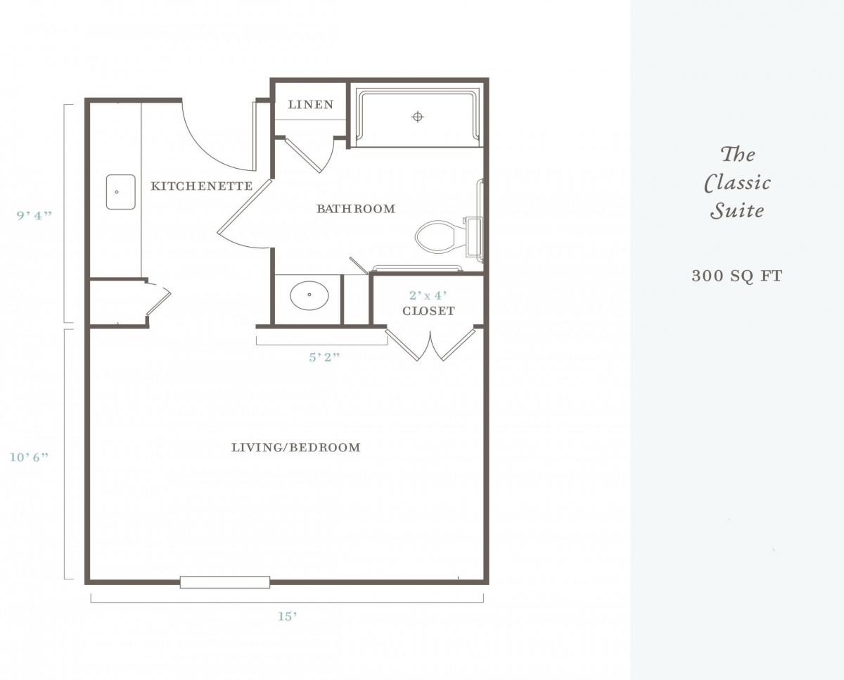 Floor plan of a classic studio apartment layout.