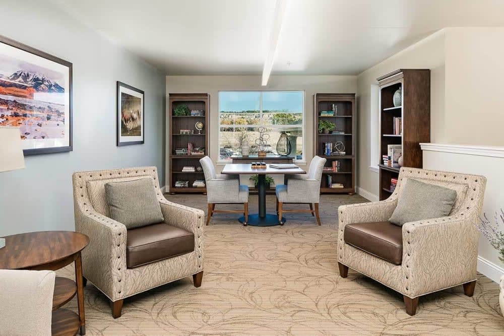 A modern office space featuring a meeting area with comfortable chairs and bookshelves, offering a scenic window view.