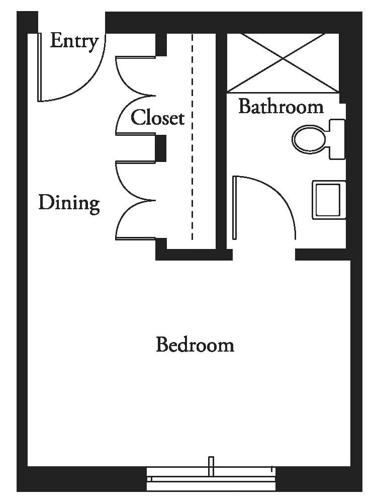 A simple floor plan of a one-bedroom apartment with a dining area, closet, and bathroom.