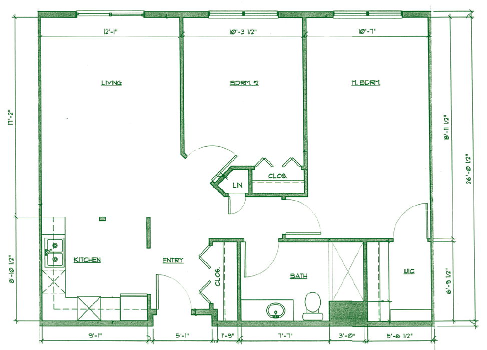 A floor plan depicting the layout of an apartment with labeled rooms and dimensions.