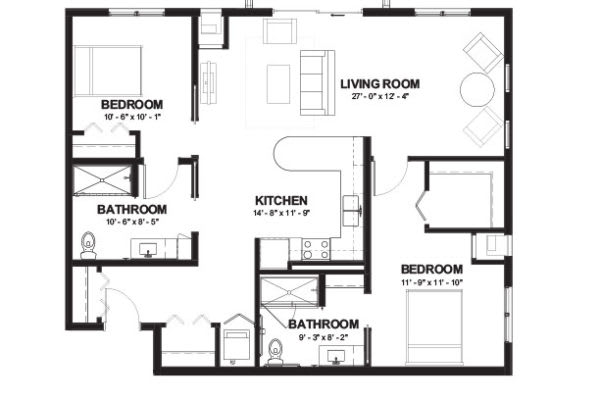 Blueprint of a three-bedroom apartment layout with labeled rooms.