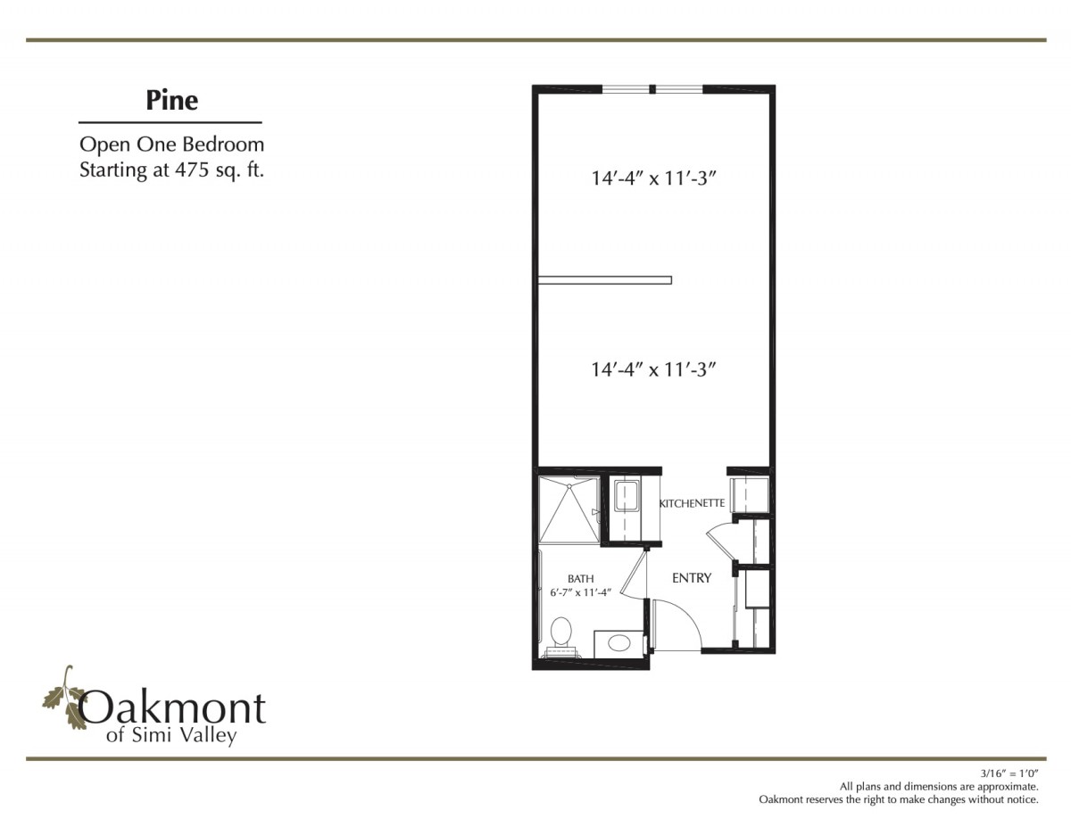 A floor plan of a one-bedroom apartment with a total area of 675 sq. ft., including labeled room dimensions.